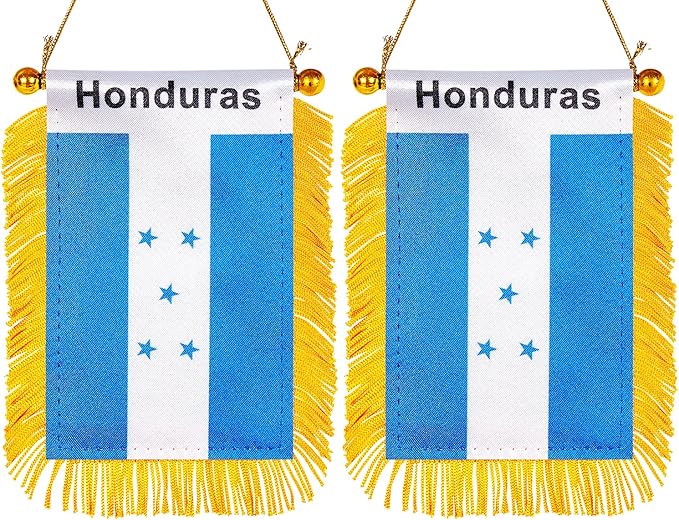 ZXvZYT 3 X 5 Inch Honduras Window Hanging Flag Honduran Small Mini Car Flags Banners Rearview Mirror Decoration - with Suction Cup & Golden Fringy Banner(2 Pack)