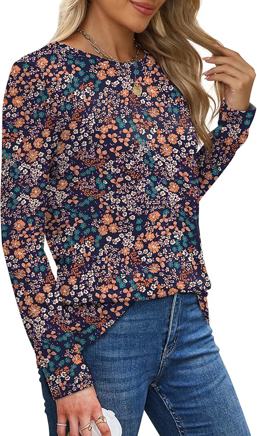 XIEERDUO Long Sleeve Shirts for Women Casual Crew Neck Basic Fall Tops Loose Fit Comfy