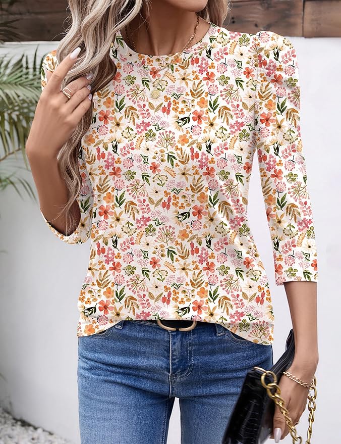Ivicoer 3/4 Length Sleeve Womens Tops Summer Spring Tops for Women 2025 Puff Lace Sleeve Shirts Blouses