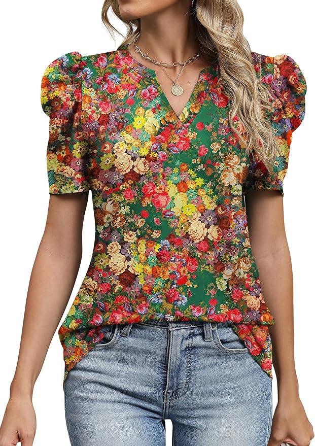 Lomon Spring Summer Tops for Women 2026 V Neck Puff Short Sleeve Tops Fashion Trendy Work Blouses Dressy Casual S-XXL