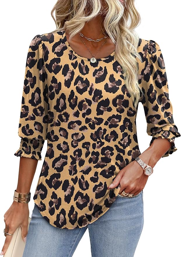 XIEERDUO Blouses for Women Dressy Casual 3/4 Length Sleeve Womens Tops with Smocked Cuffs
