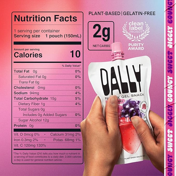 DALLY Mixed Berry Konjac Jelly Pouch (10 Pack) - Plant Based, Zero Sugar, Low-Calorie Jellified Fruit Snack - Vitamin C & Prebiotic Postbiotic Blend - Konjac Jelly Snack for Skin & Weight Management