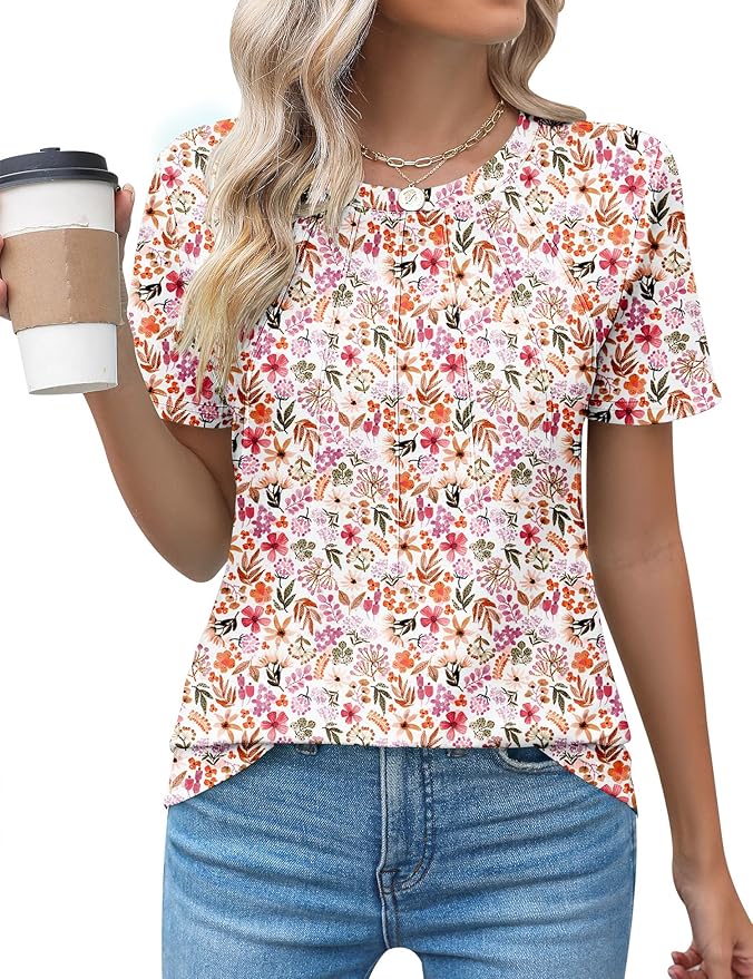 Kistore Womens Casual Crew Neck Short Sleeve Pleated Tops Blouses Fashion Clothes 2026