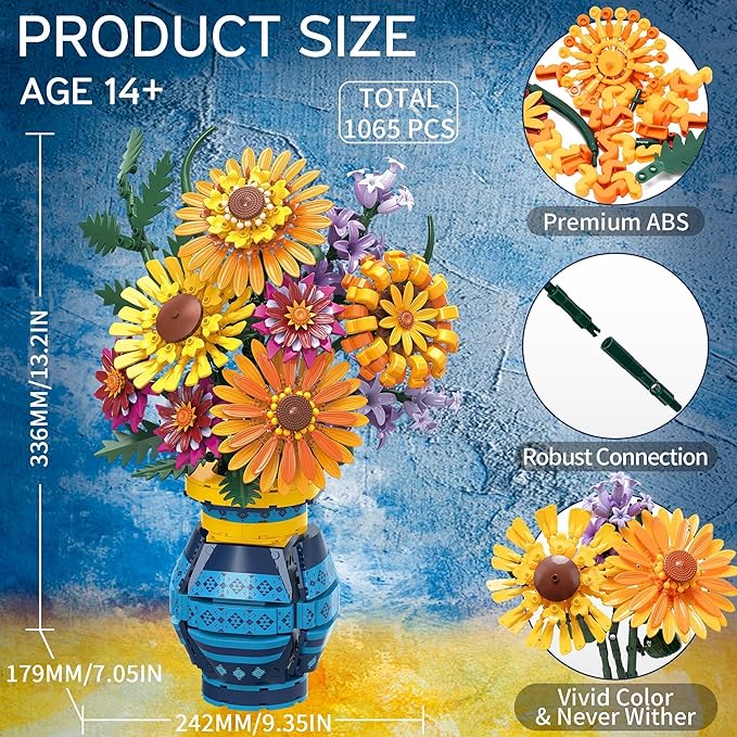 Sunflower Bouquet Building Blocks w/ Vase Set, 1065 PCS Botanical Collection Valentine Birthday Gifts for Adult Women Her Him Mom Teenage, Artificial Flower Home Decor Stocking Stuffers for Teen Girls
