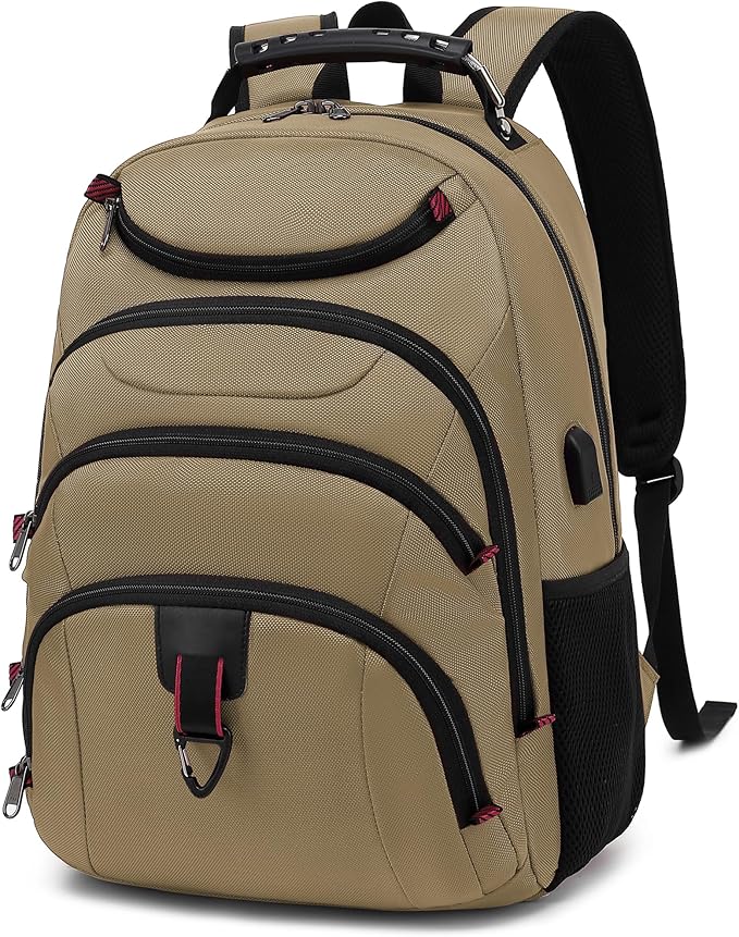 Boavan Laptop Backpack for men, 15.6 inch Laptop Bag with USB Port, Waterproof Travel Work Backpack Purse, Anti-Theft Teacher Nurse Doctor Casual Bookbags Office Business backpack，Khaki