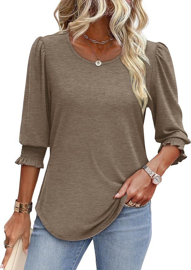 XIEERDUO Blouses for Women Dressy Casual 3/4 Length Sleeve Womens Tops with Smocked Cuffs