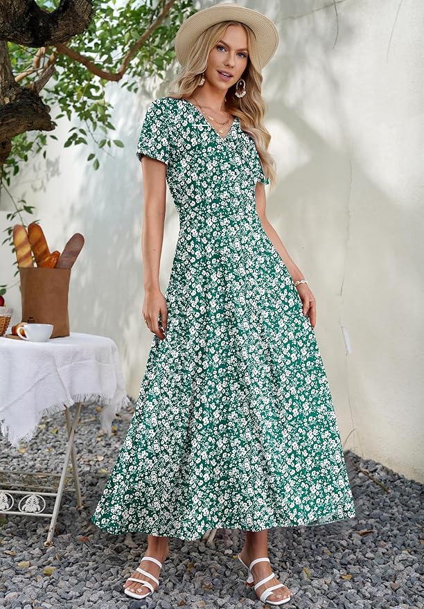 AUSELILY Maxi Dresses for Women Ankle Length Floral Print Beach Long Flowy Dress with Pockets