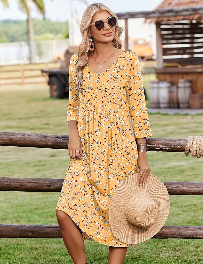 ZEAGOO 3/4 Sleeve Women's Dress Casual Flowy A-Line Midi Tshirt Dresses with Pocket Empire Waist Summer Boho Beach Sundress
