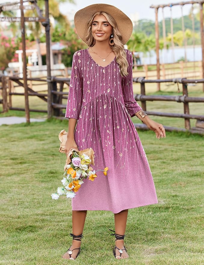 ZEAGOO 3/4 Sleeve Women's Dress Casual Flowy A-Line Midi Tshirt Dresses with Pocket Empire Waist Summer Boho Beach Sundress