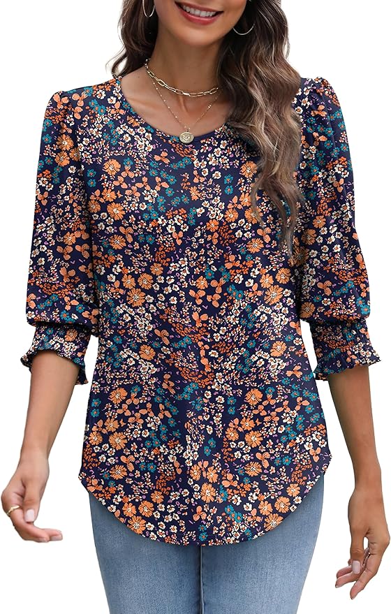 XIEERDUO Blouses for Women Dressy Casual 3/4 Length Sleeve Womens Tops with Smocked Cuffs