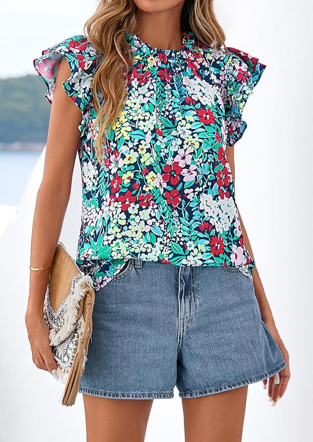 PRETTYGARDEN Women's Ruffle Short Sleeve Summer Tops 2026 Trendy Floral Trim Neck Casual Dressy Chiffon Boho Blouses Shirts