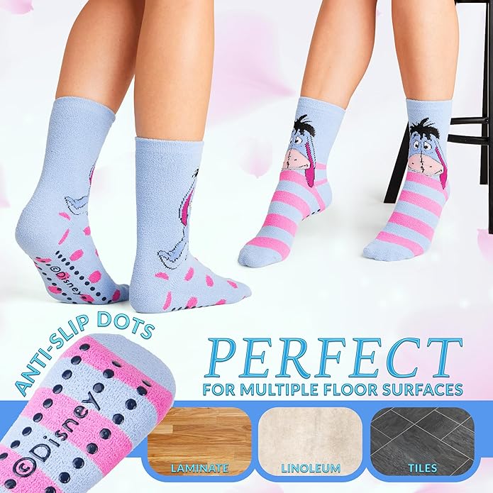 Disney Slippers Socks for Women & Teens US Size 4-9, Pack of 2 Non Slip Fleece Winter Socks, Soft & Fluffy, Gifts for Her