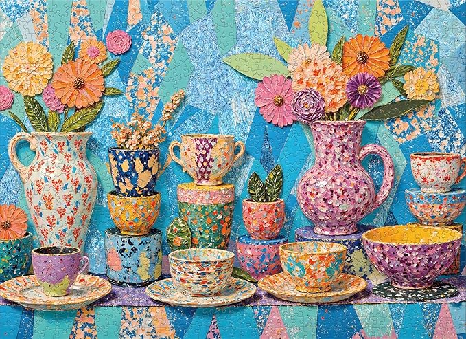 Naturelish Vibrant Teapot Ceramic Collage Jigsaw Puzzles for Adults 1000 Pieces, Irregularly Shaped Difficult Puzzles Perfect for Game Night, Great Gift Idea, Size 26.65 x 19.25 in