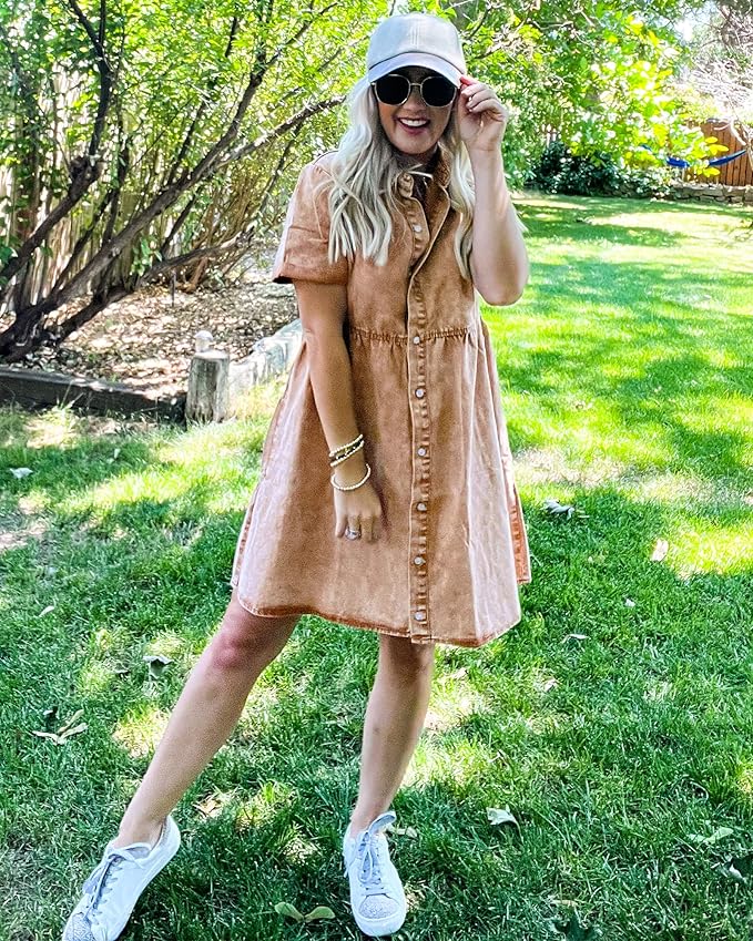 LookbookStore Women's Short Sleeve Button Down Flowy Tiered Babydoll Denim Dress