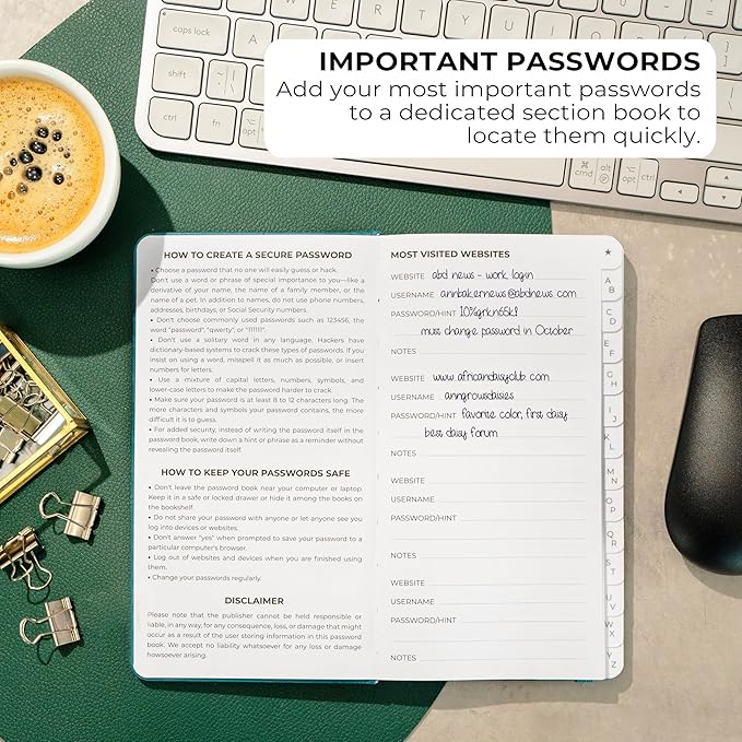 Clever Fox Password Book 2nd Edition – Hardcover Password Keeper with Alphabetical Tabs – Internet Address Notebook & Login Details Organizer Journal – 4.1x7.6” (Dark Teal)