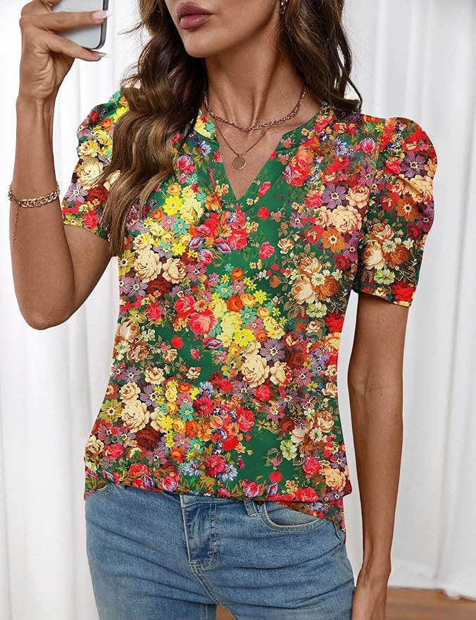 Lomon Spring Summer Tops for Women 2026 V Neck Puff Short Sleeve Tops Fashion Trendy Work Blouses Dressy Casual S-XXL