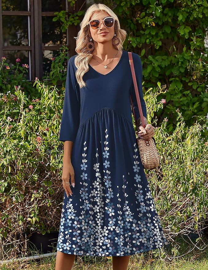 ZEAGOO 3/4 Sleeve Women's Dress Casual Flowy A-Line Midi Tshirt Dresses with Pocket Empire Waist Summer Boho Beach Sundress