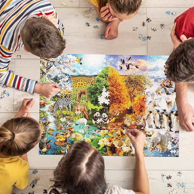 Naturelish Jigsaw Puzzle for Adults 1000 Pieces, Four Seasons Scenery with Different Animals, Colorful Landscape Nature Scene Art Puzzle, Challenging Game for Family Friends Display, 20x27 Inches