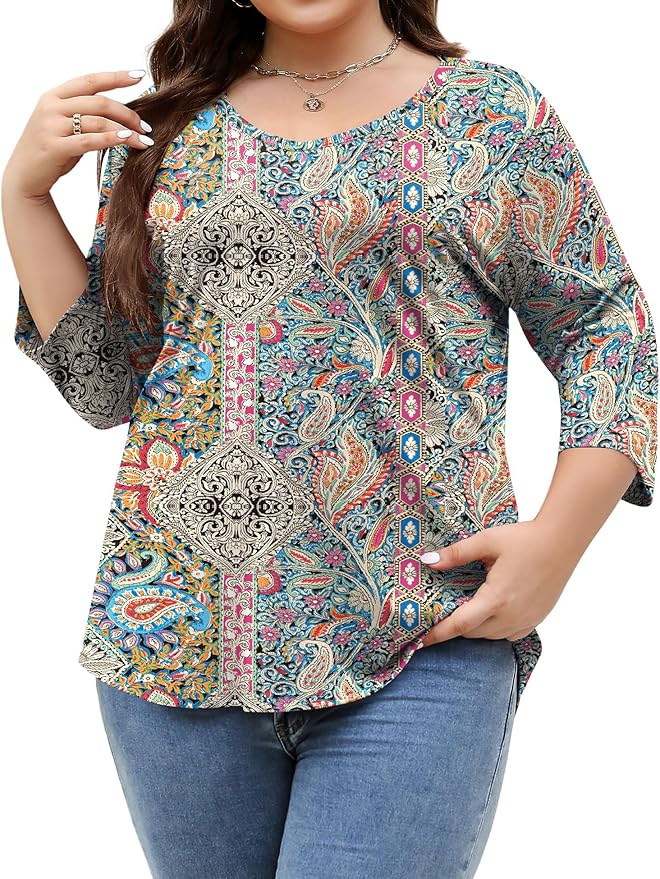 TFSDOD Womens Plus Size Tops V Neck T Shirts 3/4 Sleeve Blouse Summer Casual Tees XL-5X