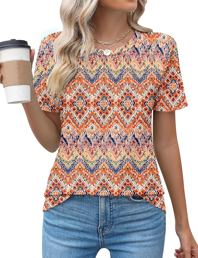 Kistore Womens Casual Crew Neck Short Sleeve Pleated Tops Blouses Fashion Clothes 2026