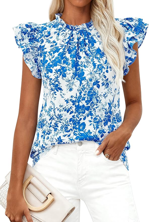 PRETTYGARDEN Women's Ruffle Short Sleeve Summer Tops 2026 Trendy Floral Trim Neck Casual Dressy Chiffon Boho Blouses Shirts