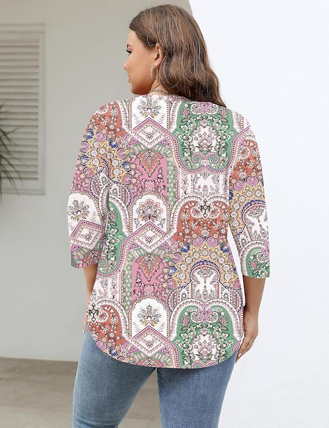 TFSDOD Womens Plus Size Tops V Neck T Shirts 3/4 Sleeve Blouse Summer Casual Tees XL-5X