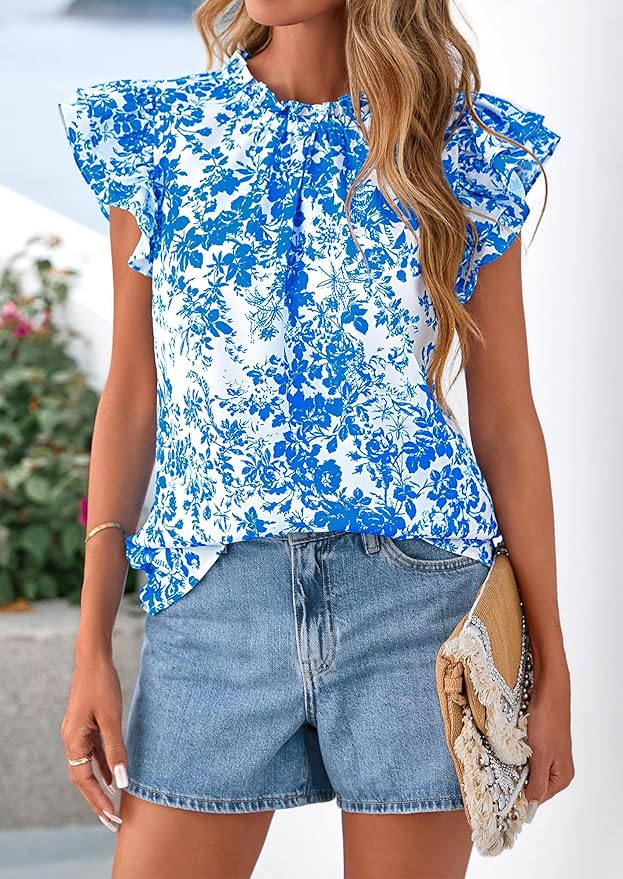 PRETTYGARDEN Women's Ruffle Short Sleeve Summer Tops 2026 Trendy Floral Trim Neck Casual Dressy Chiffon Boho Blouses Shirts