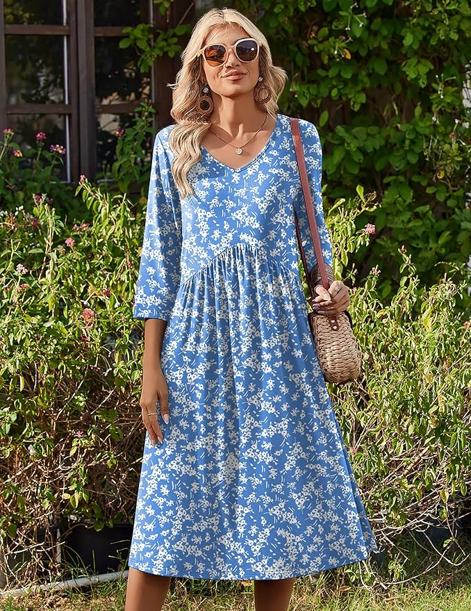 ZEAGOO 3/4 Sleeve Women's Dress Casual Flowy A-Line Midi Tshirt Dresses with Pocket Empire Waist Summer Boho Beach Sundress