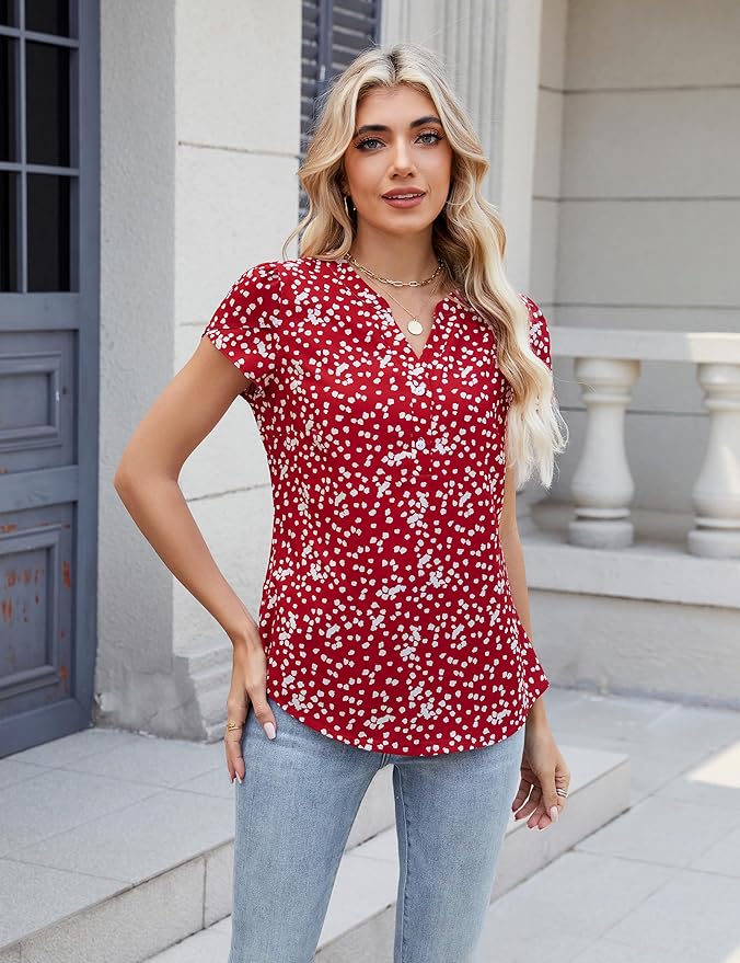 Blooming Jelly Women's Dressy Casual Tops Business Work Blouses White Button Down Shirts Cap Sleeve V Neck Tshirt
