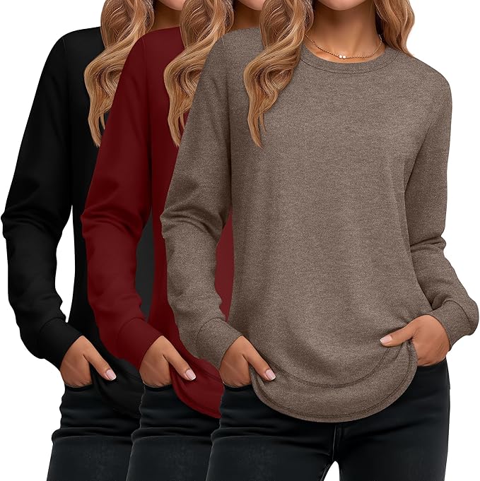 Ficerd 3 Pack Women's Long Sleeve Shirts, Cotton Crew Neck Tunic Tops Casual Loose Fit Pullover Sweatshirts Curved Hem Shirts