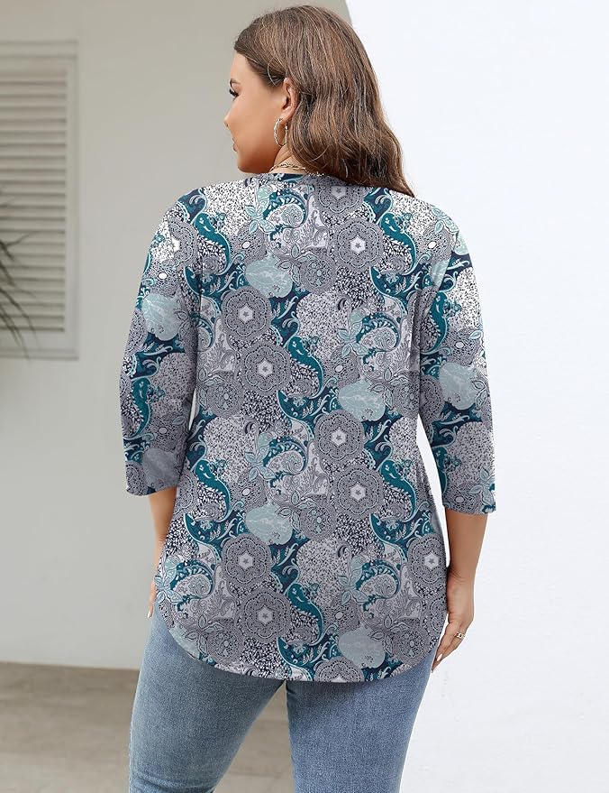 TFSDOD Womens Plus Size Tops V Neck T Shirts 3/4 Sleeve Blouse Summer Casual Tees XL-5X