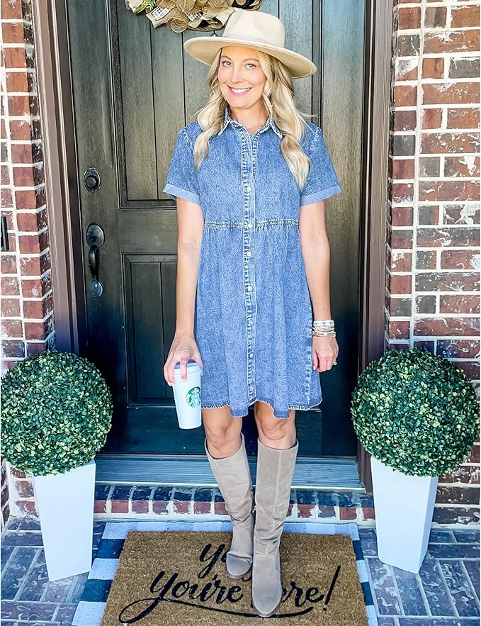 LookbookStore Women's Short Sleeve Button Down Flowy Tiered Babydoll Denim Dress