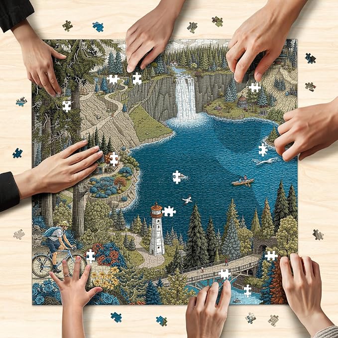 Naturelish 1000-Piece Jigsaw Puzzle for Adults, Oregon Landmarks Scene with Waterfall, Lighthouse, Forest Trail, Challenging & Vibrant Artwork, 22.5 x 22.5 in