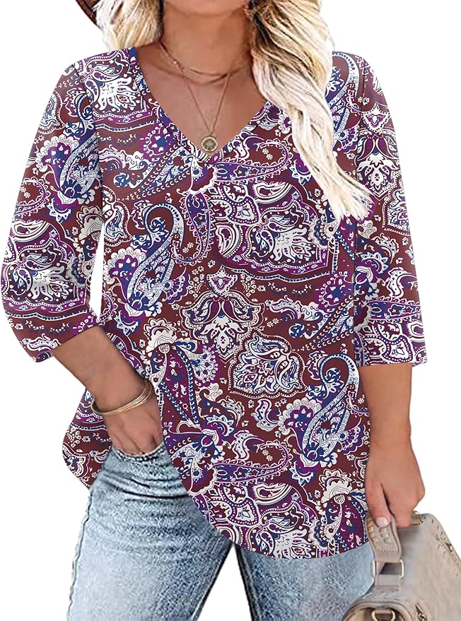 TFSDOD Womens Plus Size Tops V Neck T Shirts 3/4 Sleeve Blouse Summer Casual Tees XL-5X