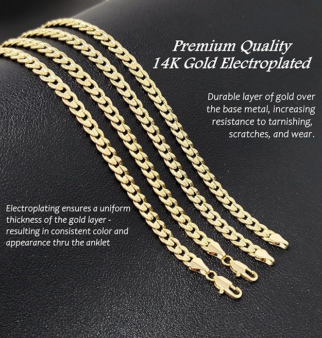 BA UNIQUE FASHION Gold Electroplated Anklet for Women, 9-12 Inch Sizes, Figaro, Cuban, Mariner, Herringbone Design - Made in Korea