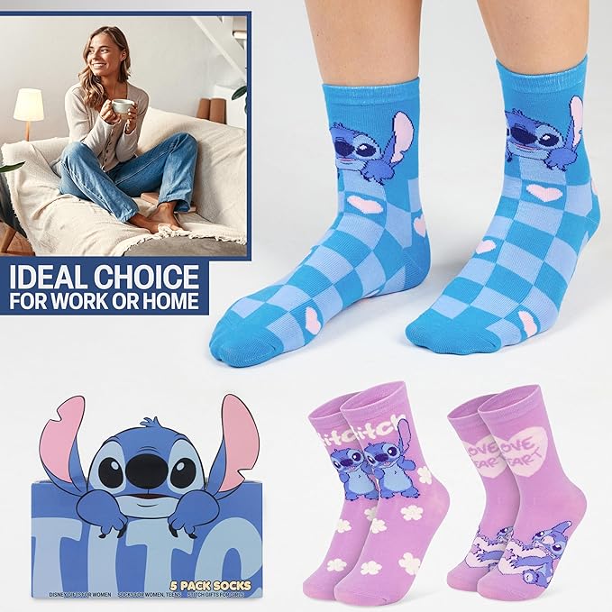 Disney Socks for Women, Teens, 5 Pack Soft Breathable Crew Character Socks for Lounging, Daily Wear, Funny Gifts for Women