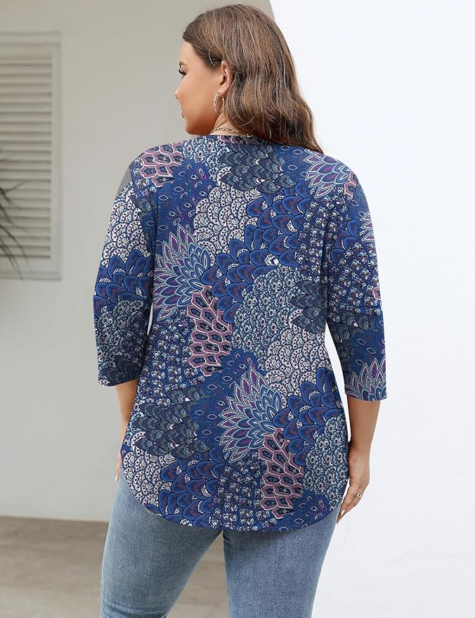 TFSDOD Womens Plus Size Tops V Neck T Shirts 3/4 Sleeve Blouse Summer Casual Tees XL-5X