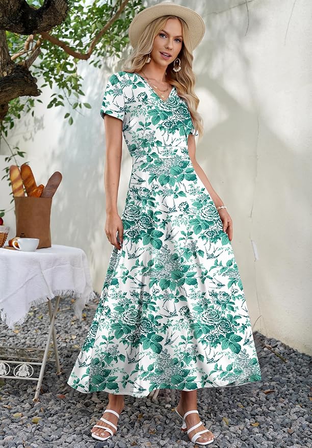 AUSELILY Maxi Dresses for Women Ankle Length Floral Print Beach Long Flowy Dress with Pockets