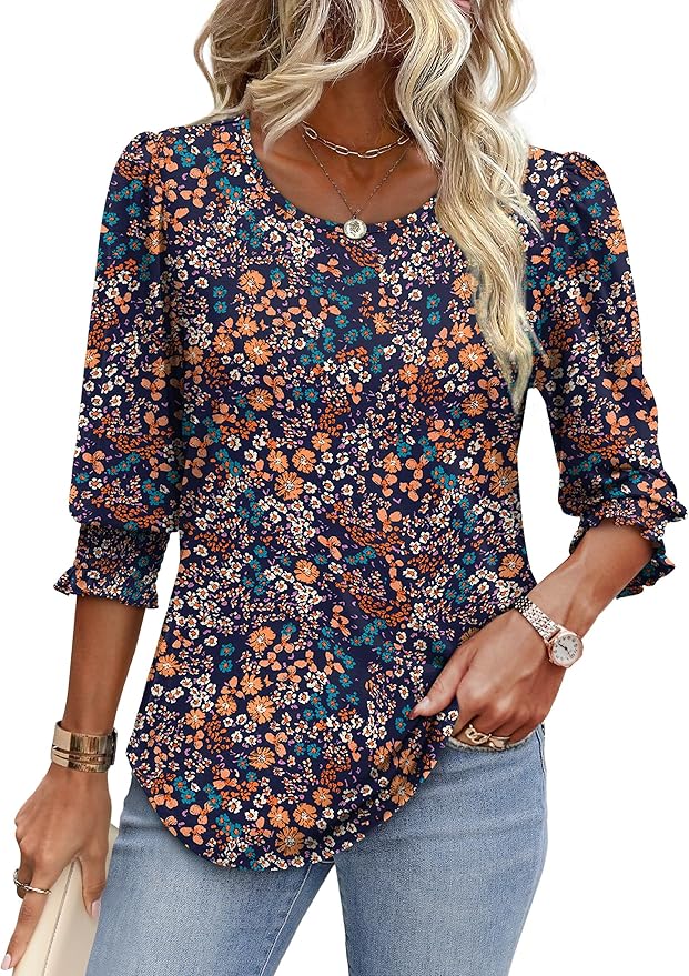 XIEERDUO Blouses for Women Dressy Casual 3/4 Length Sleeve Womens Tops with Smocked Cuffs