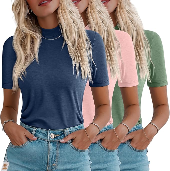 Ficerd 3 Pack Women's 1/2 Sleeve Mock Turtleneck Shirts, Elbow Length Shirt Half Sleeve Tunic Top Casual Summer Basic Tees