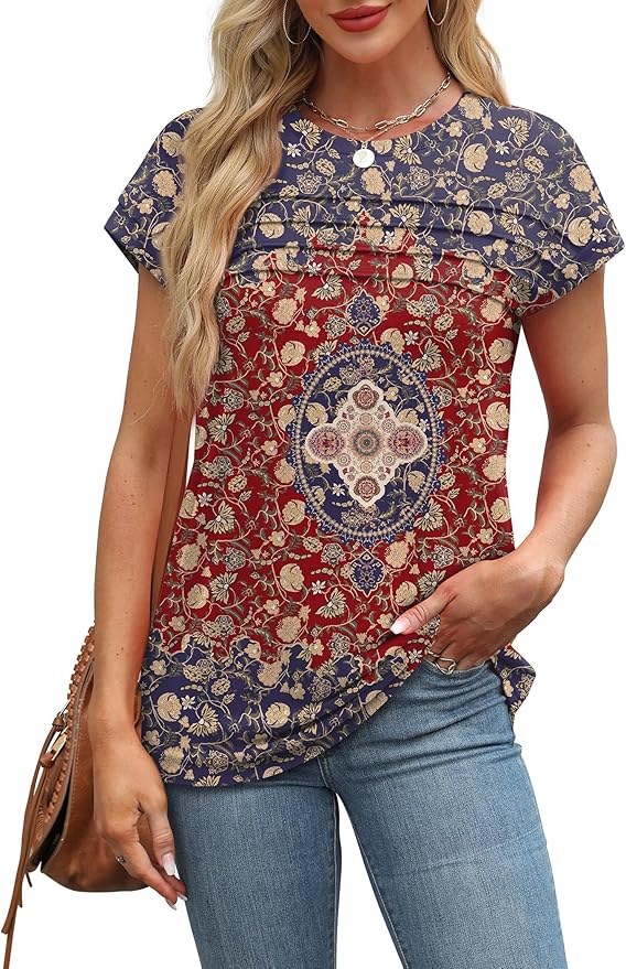 WEESO Womens Summer Tops Trendy 2026 Cap Sleeve T Shirts Crew Neck Pleated Front Beach Vacation Clothes Fashion