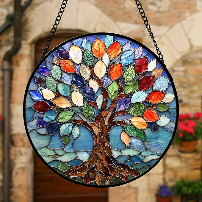 Stained Glass Window Hanging, Colorful Tree of Life Sun Catchers Glass Panel Blue Suncatcher Decor for Birthday for Women, Men, Wife, Aunt, and Mom 6.3 in