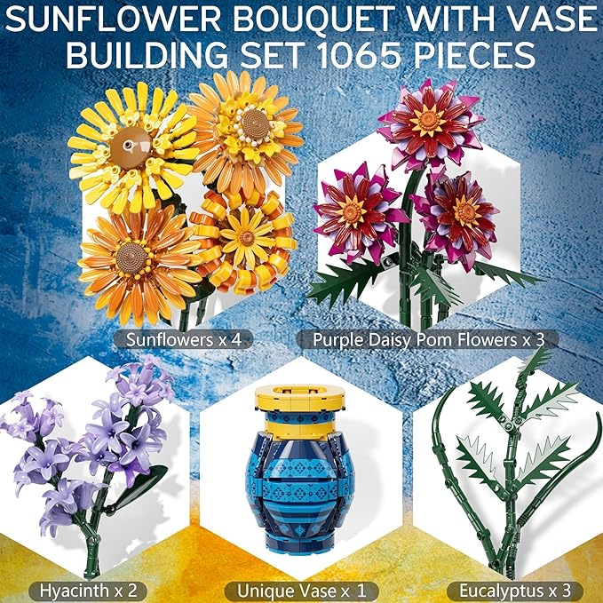 Sunflower Bouquet Building Blocks w/ Vase Set, 1065 PCS Botanical Collection Valentine Birthday Gifts for Adult Women Her Him Mom Teenage, Artificial Flower Home Decor Stocking Stuffers for Teen Girls