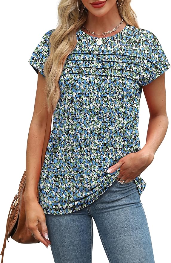 WEESO Womens Summer Tops Trendy 2026 Cap Sleeve T Shirts Crew Neck Pleated Front Beach Vacation Clothes Fashion