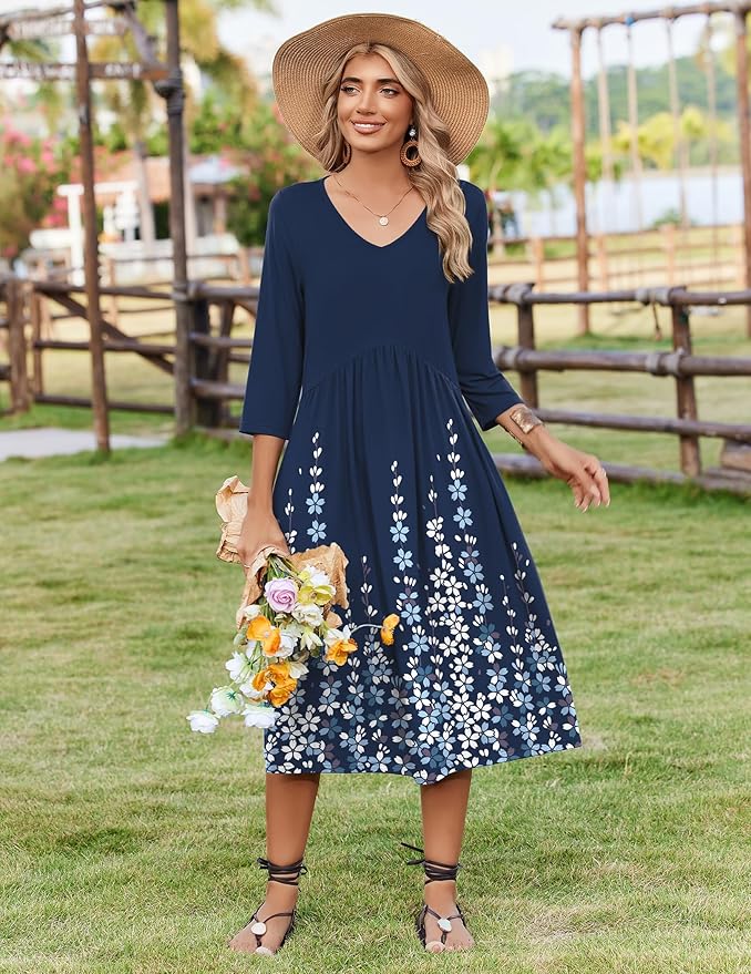 ZEAGOO 3/4 Sleeve Women's Dress Casual Flowy A-Line Midi Tshirt Dresses with Pocket Empire Waist Summer Boho Beach Sundress