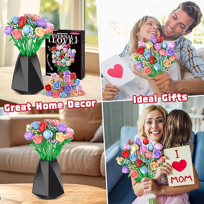 Sopu Colorful Rose Bouquet Flowers Building Set, 24 Boxes 1380Pcs Artificial Flowers Botanical Collection Flowers for Adults Valentines Day Gifts for Her Women Wife Girlfriend Mom