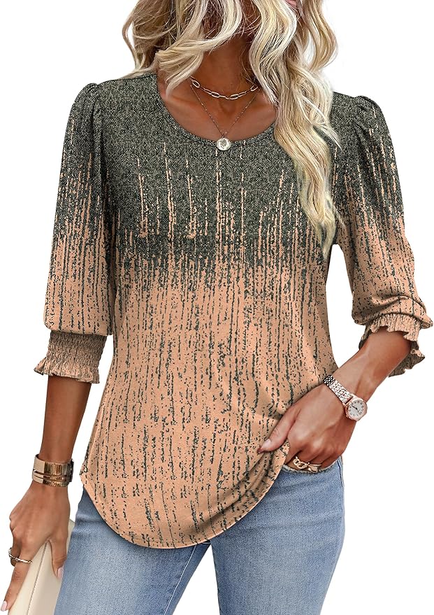 XIEERDUO Blouses for Women Dressy Casual 3/4 Length Sleeve Womens Tops with Smocked Cuffs