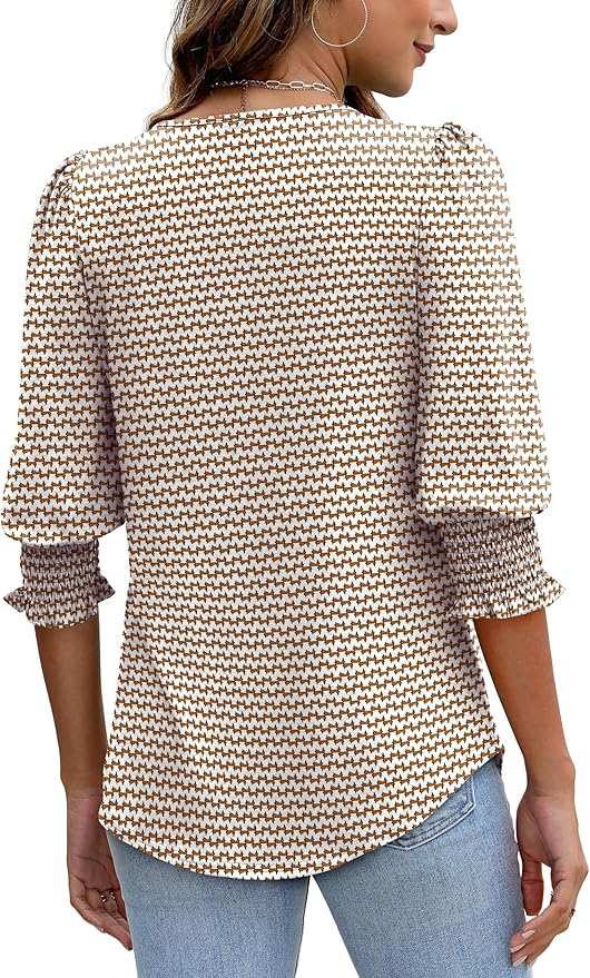 XIEERDUO Blouses for Women Dressy Casual 3/4 Length Sleeve Womens Tops with Smocked Cuffs