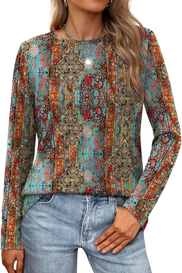 XIEERDUO Long Sleeve Shirts for Women Casual Crew Neck Basic Fall Tops Loose Fit Comfy