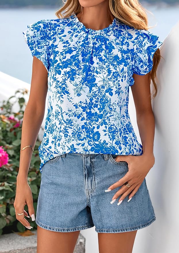 PRETTYGARDEN Women's Ruffle Short Sleeve Summer Tops 2026 Trendy Floral Trim Neck Casual Dressy Chiffon Boho Blouses Shirts